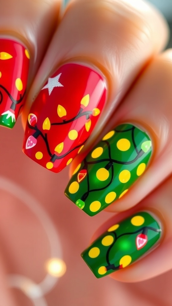 Christmas nail art with colorful lights design on festive nails.
